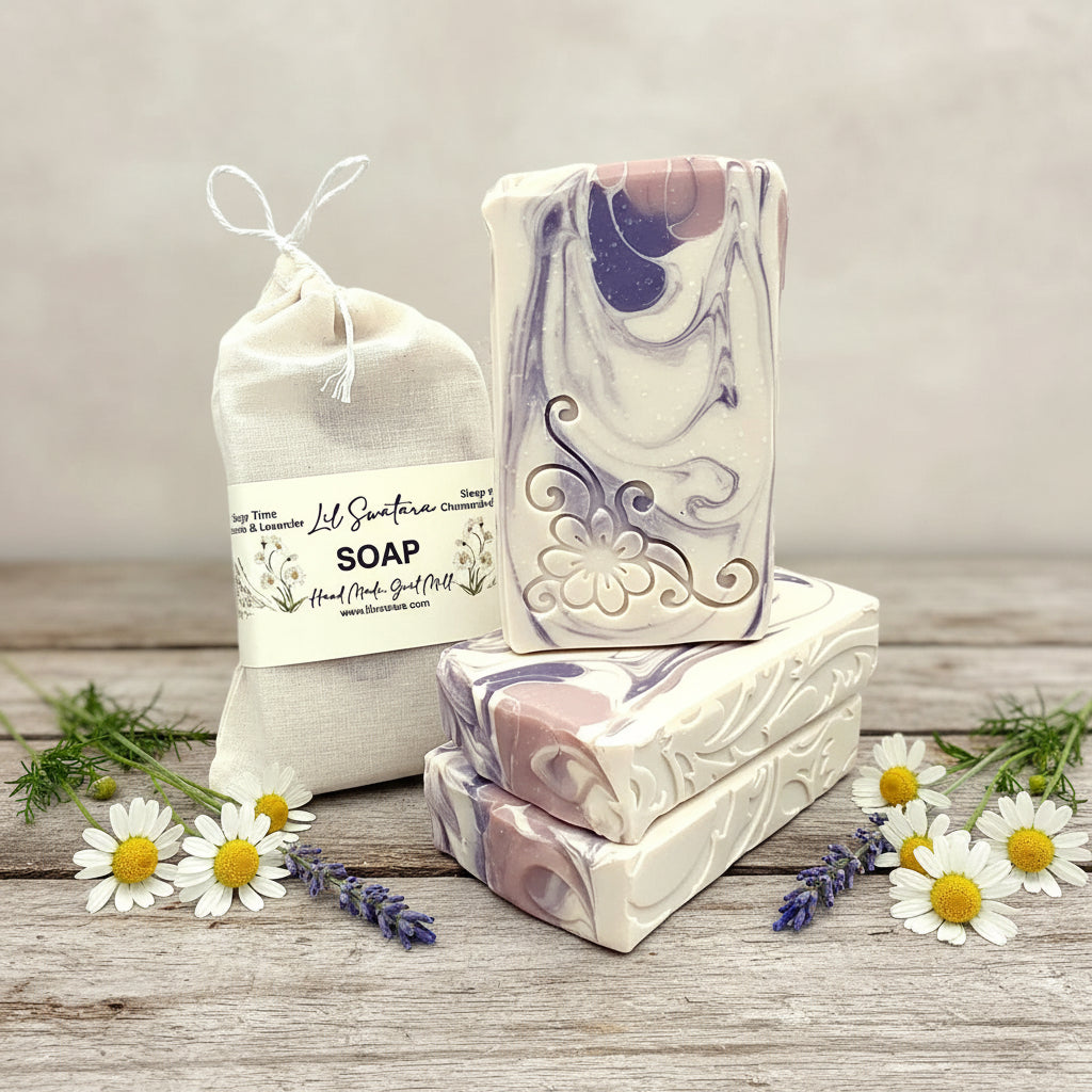 Chamomile Lavender Goat Milk Soap – 6oz bar steeped in creamy goat milk, scented with calming florals and herbal depth. Handmade for face and body.