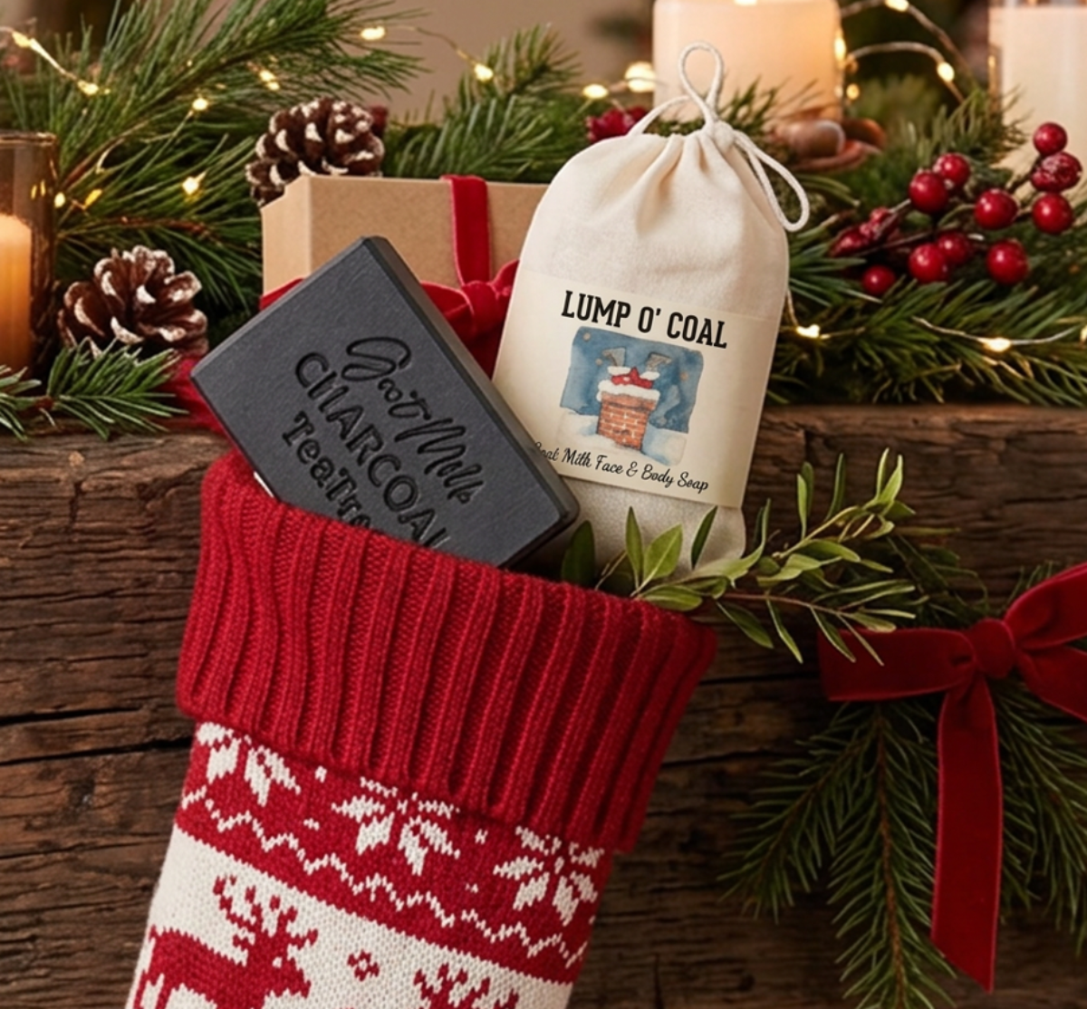 Charcoal goat milk tallow soap in a Lump o' Coal gift bag with Christmas holiday décor, artisan stocking stuffer and gift-ready natural soap.