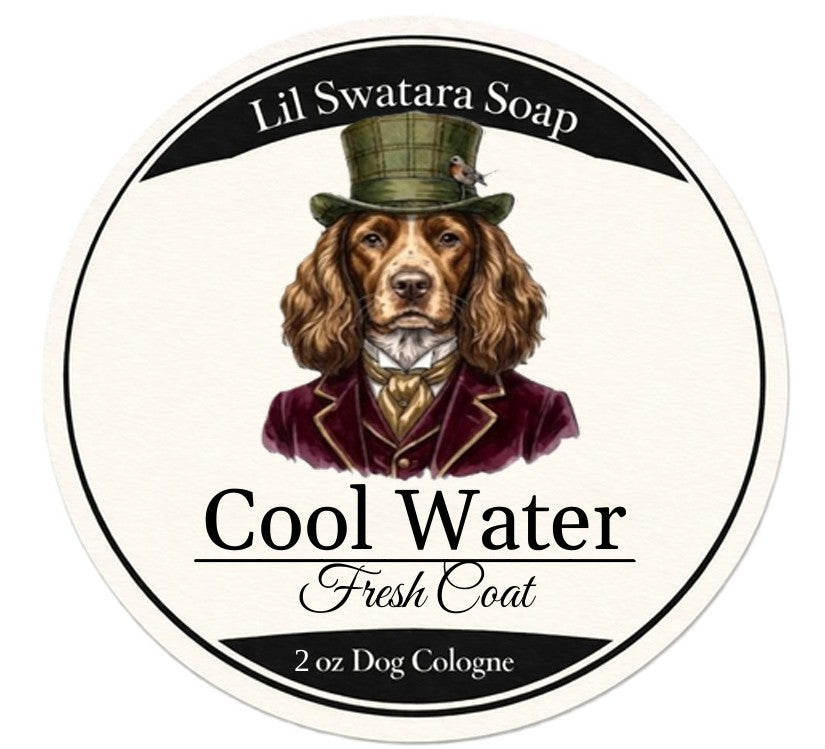 Dog freshening spray label with illustrated dog in blue tones, Cool Water scent, Lil Swatara Soap branding.