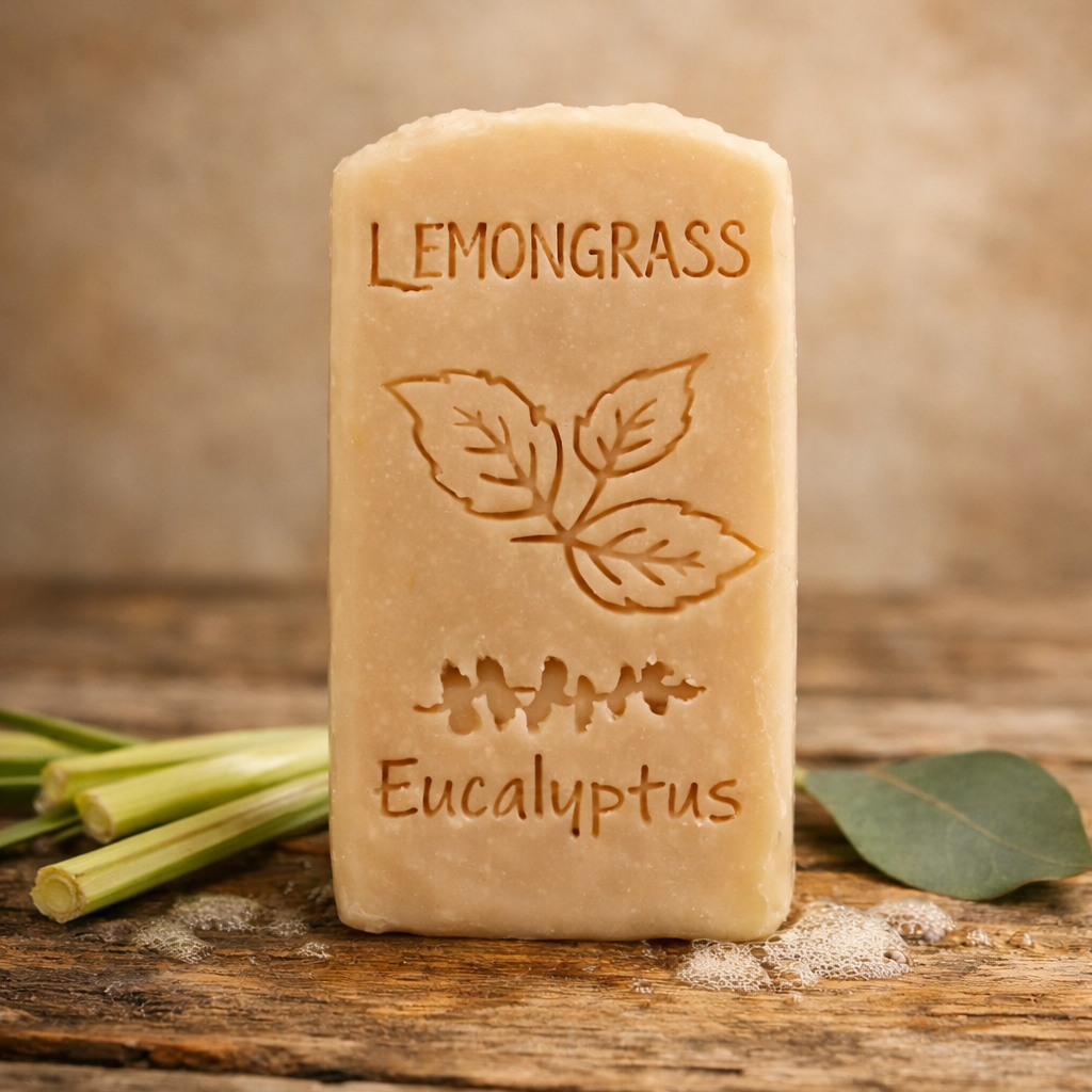Close-up of tall handmade Euc Spear Lemongrass goat milk soap showing crisp lemongrass and eucalyptus engraving.