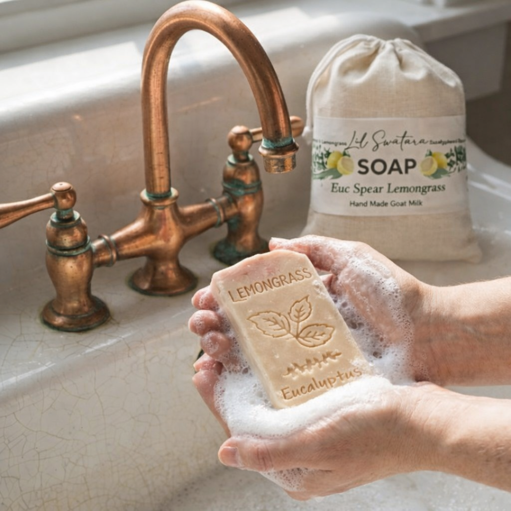 Close-up of tall handmade Euc Spear Lemongrass goat milk soap showing crisp lemongrass and eucalyptus engraving.