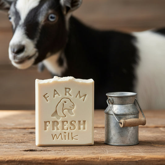 Handmade soap stamped with Farm Fresh Milk design featuring Nubian goat head, clean 57×50 mm impression.