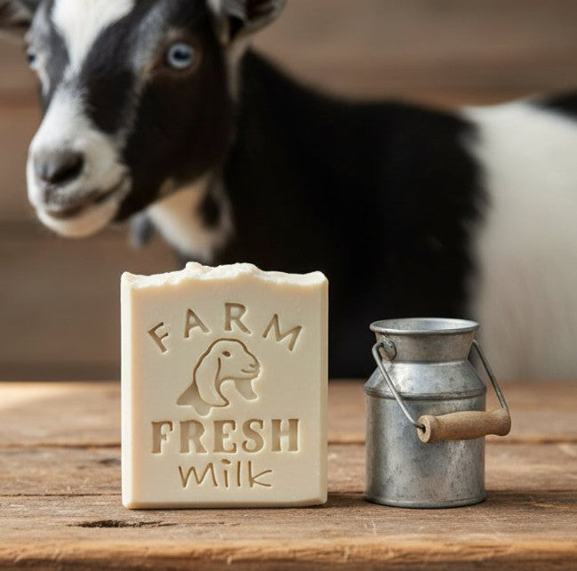 Handmade soap stamped with Farm Fresh Milk design featuring Nubian goat head, clean 57×50 mm impression.