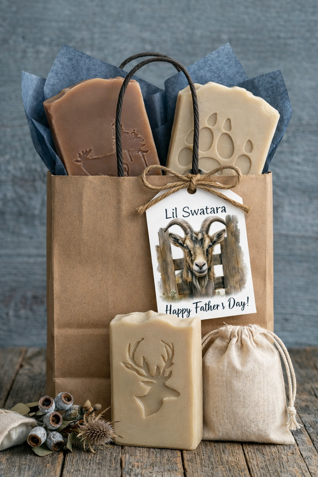 Father’s Day gift bag with blue tissue, masculine goat tag reading “Lil Swatara – Happy Father’s Day,” and handcrafted deer‑embossed goat milk soap.