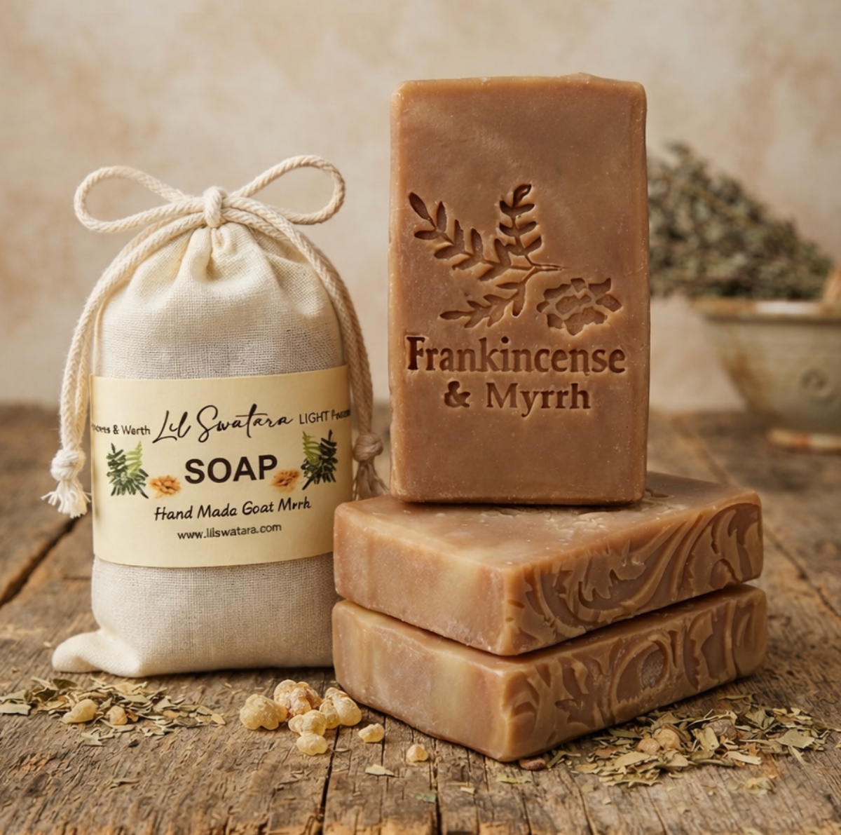 Frankincense & Myrrh tallow goat milk soap bars stacked with muslin sack on rustic wood surface, handcrafted by Lil Swatara Soap.