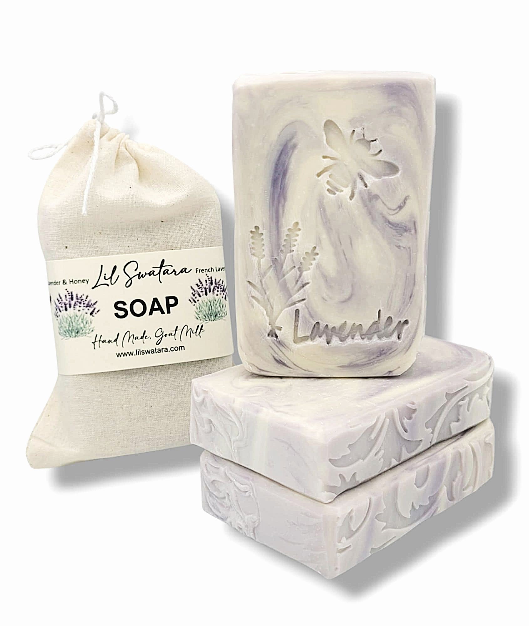 Creamy goat milk soap bar with French lavender and honey. Soft floral scent, gentle lather, perfect for spring gifting.