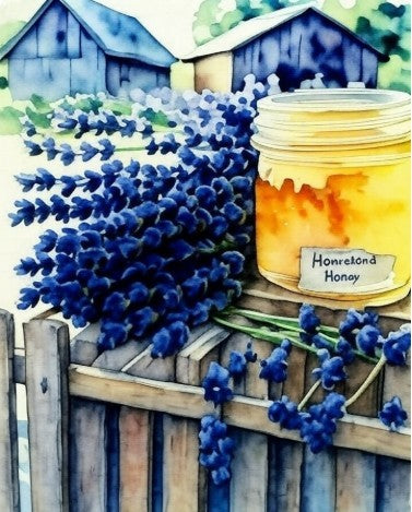 Jar of honey with lavender flowers on a wooden fence, with blue sheds in the background.