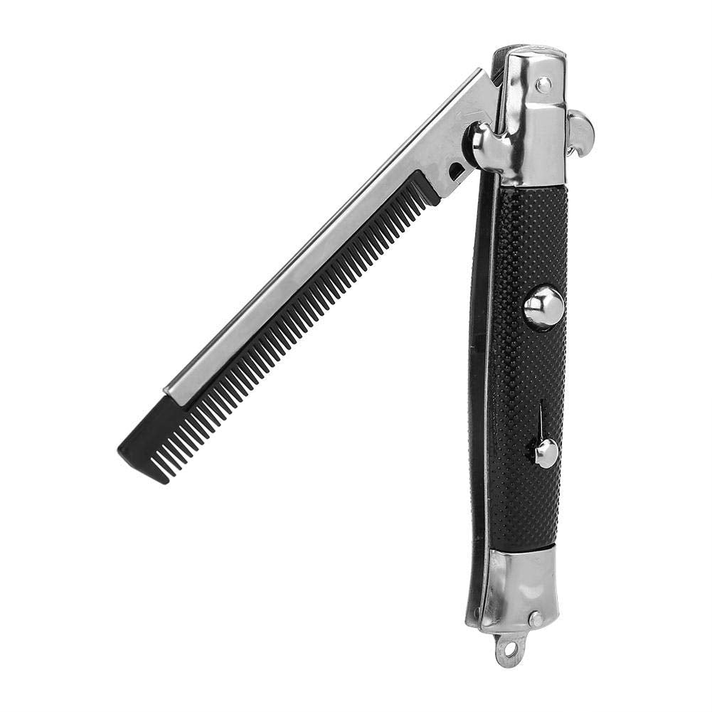 Folding comb with black handle and silver metal parts on a white background