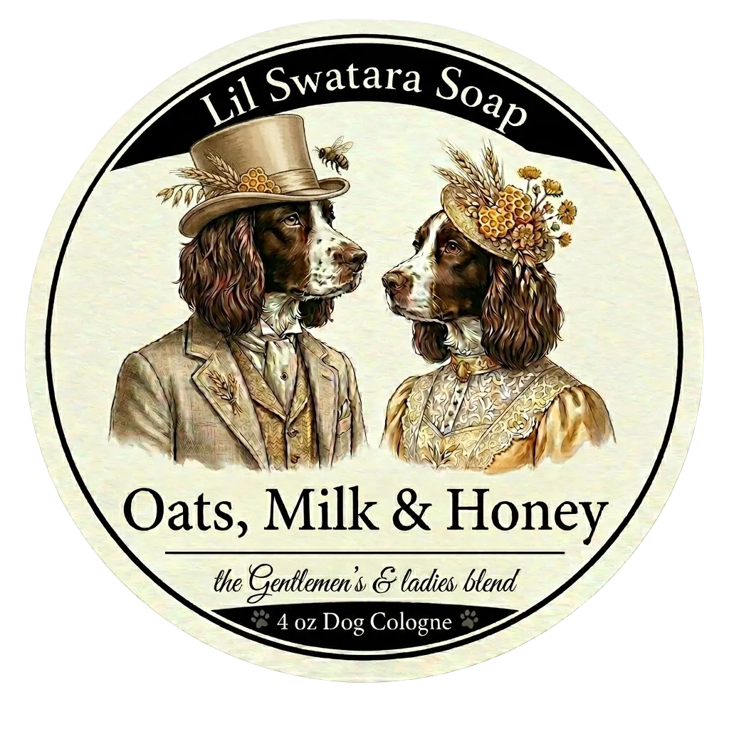 Dog freshening spray label with illustrated cozy dog, Oats Milk & Honey scent, Lil Swatara Soap branding.