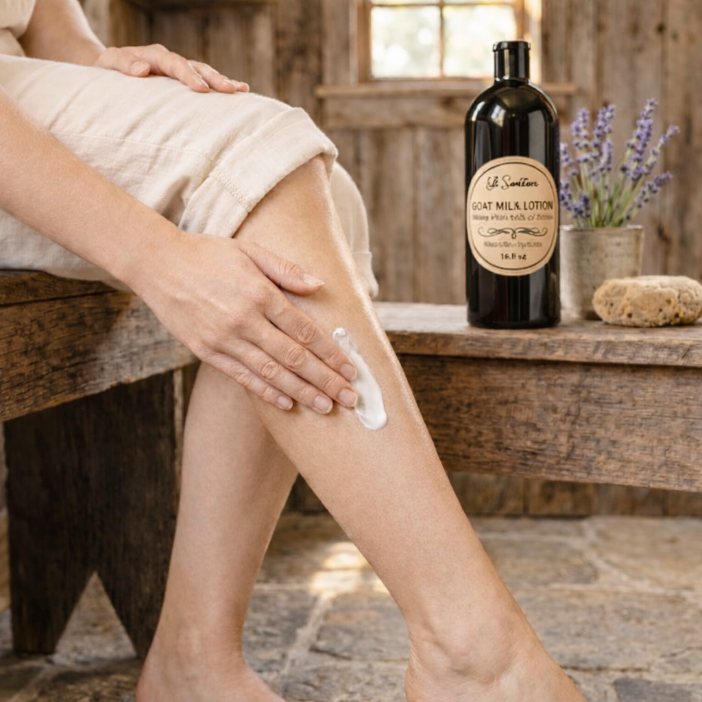 Person applying lotion to their leg with a bottle of lotion in the background. Silky Patchouli Goat Milk Lotion in amber apothecary bottle with earthy patchouli aroma.