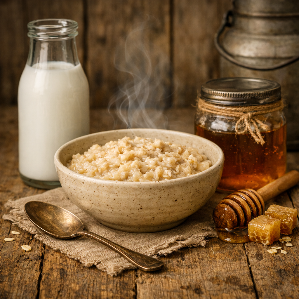 Gentle Honey Oatmeal Goat Milk Lotion with warm honey and soothing oats on rustic table.