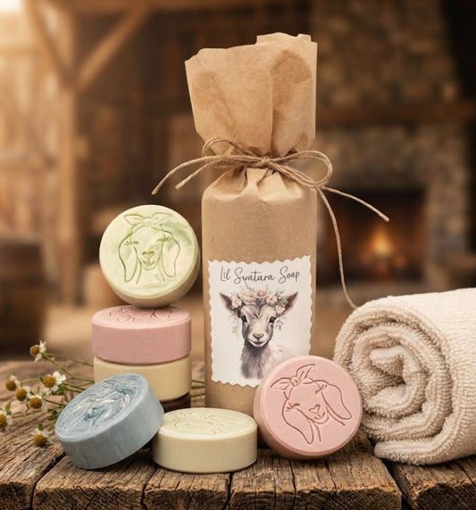 Goat milk soap tallow puck sets – hand‑friendly everyday 2.75–3 oz round bars in assorted scents –for gifting and everyday use Lil Swatara Soap