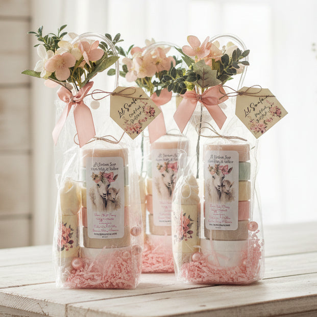 Gift set with candles, soap, and flowers in clear packaging on a white background
