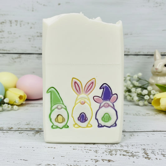 Soap bar stamped with three gnomes spring garden design showing clean XL impression.