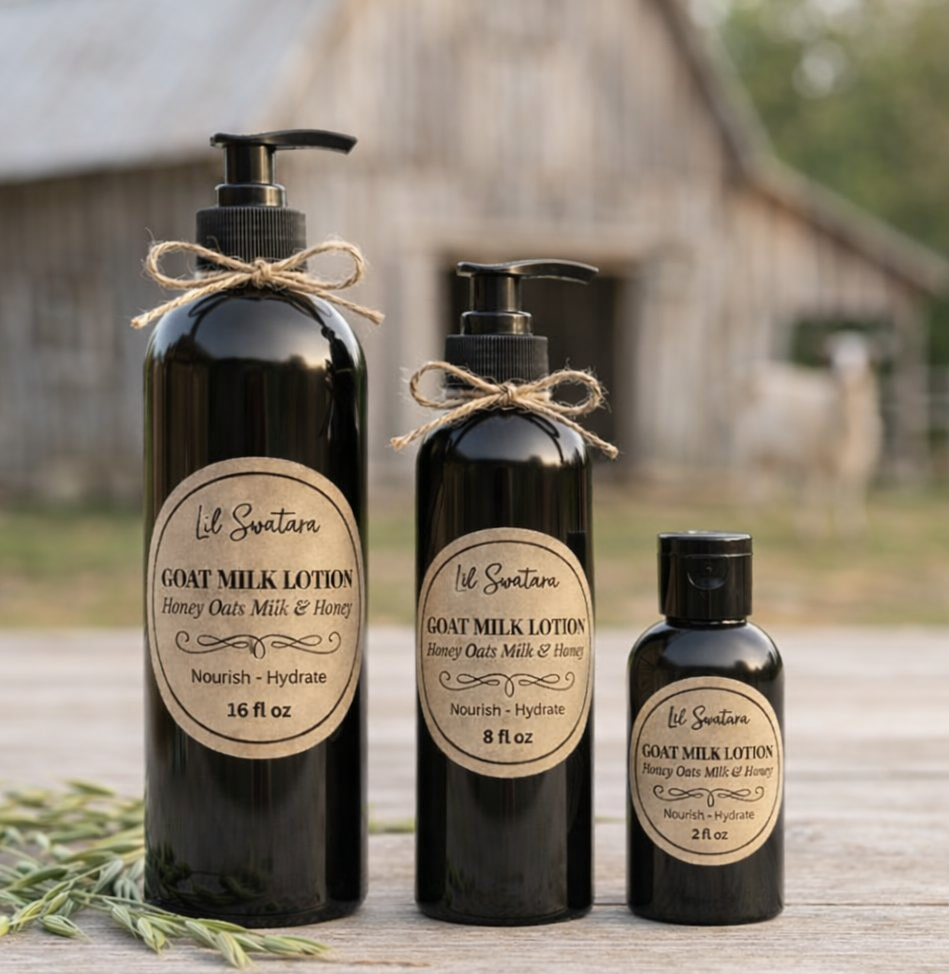 Gentle Honey Oatmeal Goat Milk Lotion with warm honey and soothing oats on rustic table.