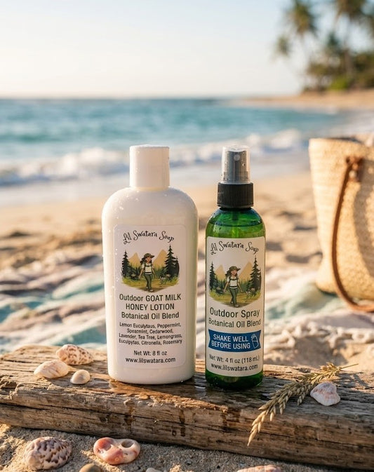 A product shot of Lil Swatara Soap's Outdoor Goat Milk Honey Lotion label. The label includes a botanical illustration of a woman hiking in the mountains with a dog, surrounded by pine trees, and lists 10 essential oils, including lemongrass and citronella.