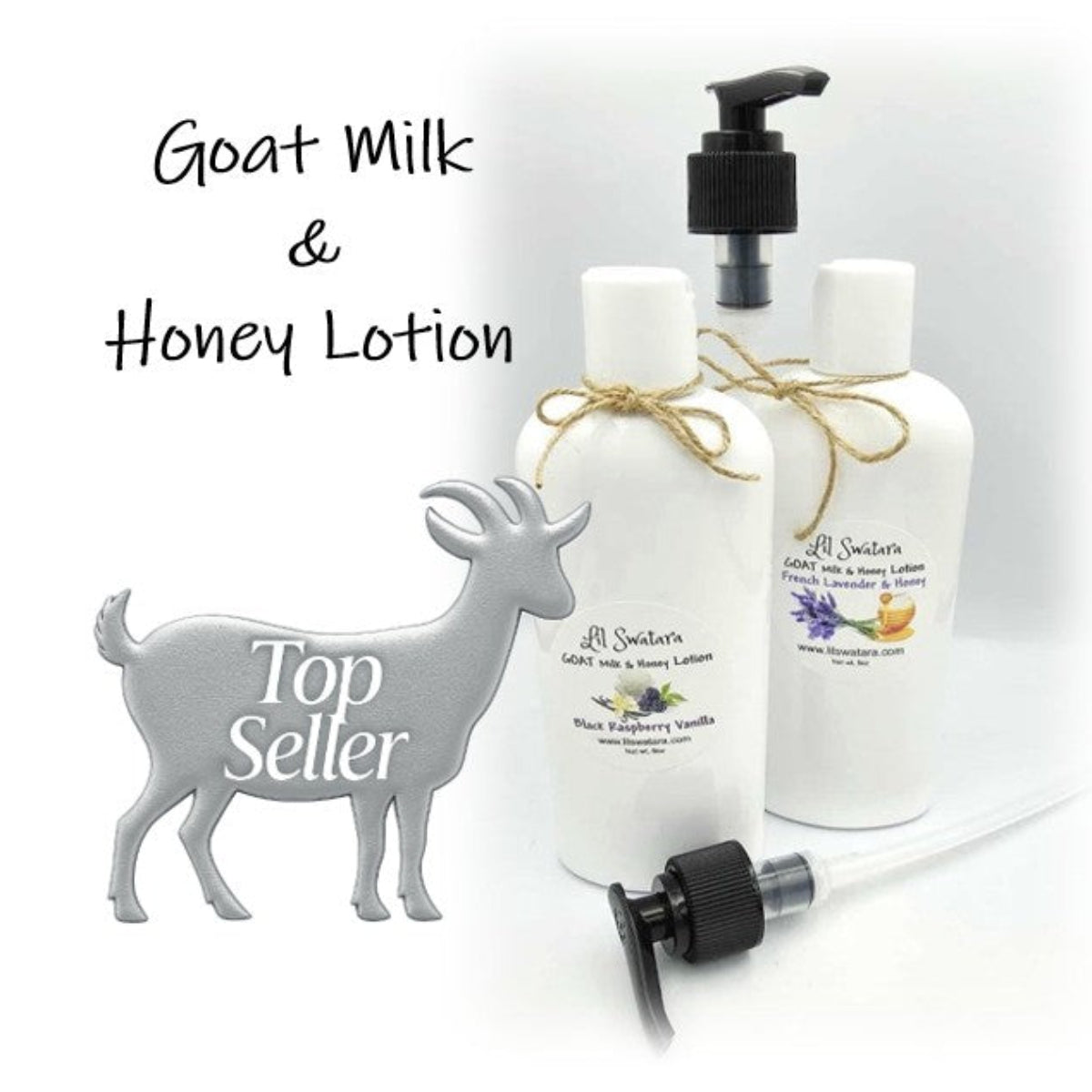 Goat Milk & Honey Lotion bottles, Top Seller badge, Lil Swatara Soap