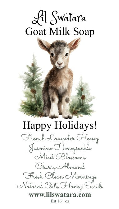 Goat milk soap advertisement with a baby goat and holiday trees on a white background.