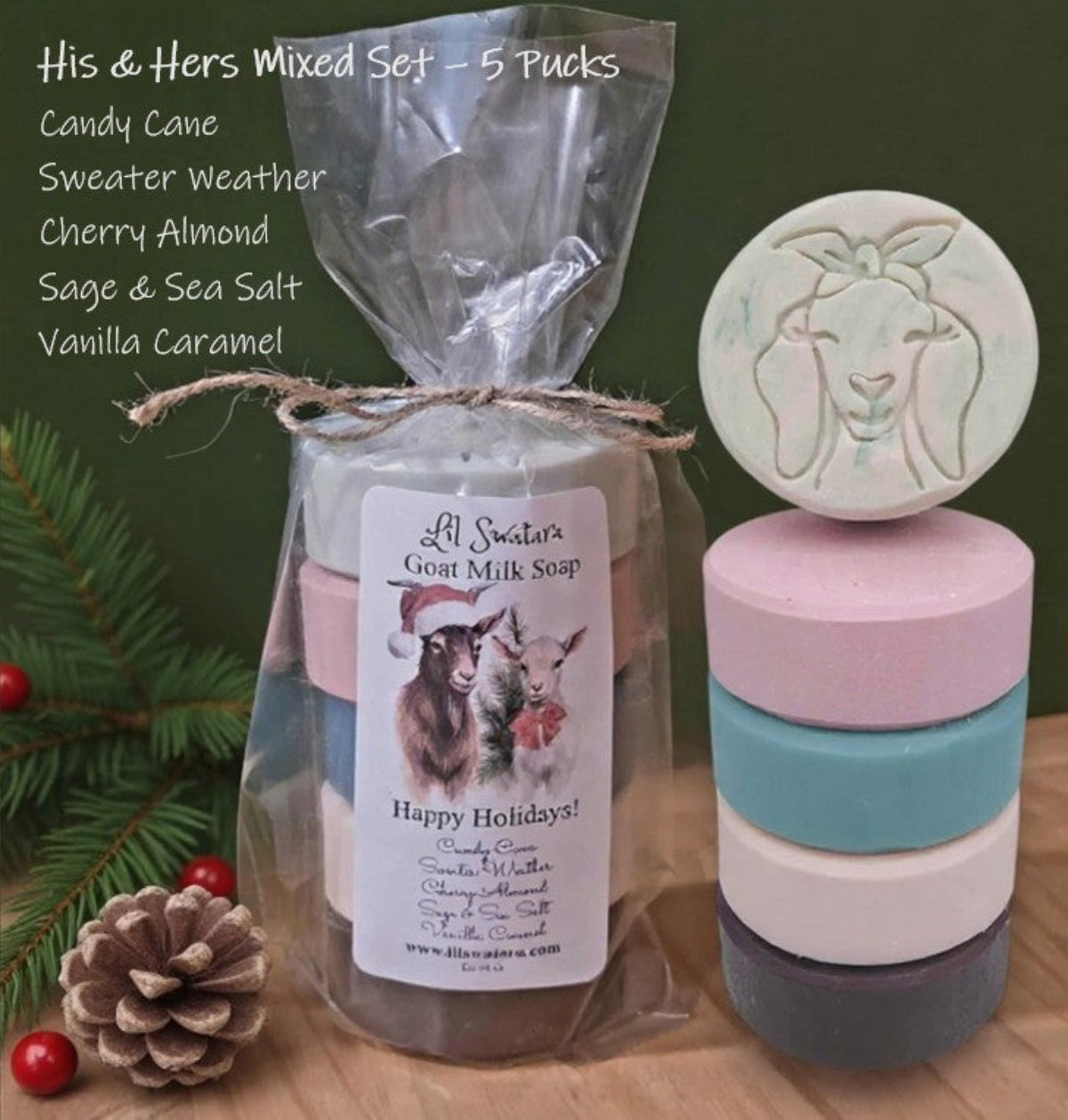 Display of five goat milk soap pucks in mixed tones, curated for shared comfort and festive gifting.