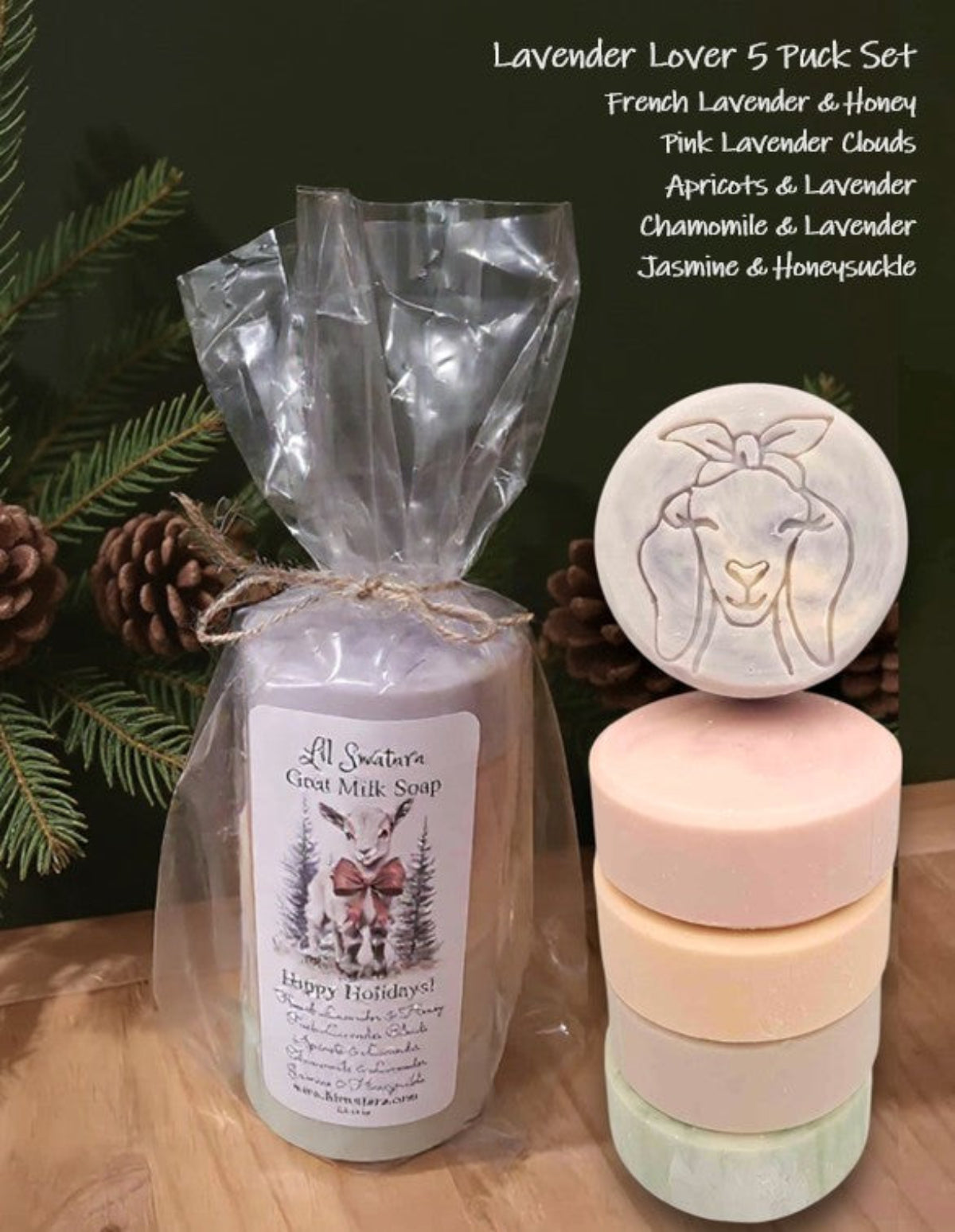 Display of five goat milk soap pucks in lavender tones, curated for floral comfort and Christmas gifting.