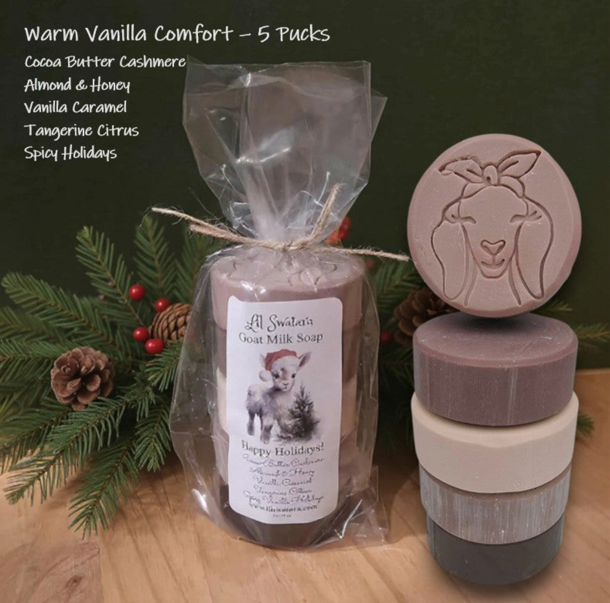 Display of five goat milk soap pucks in warm vanilla tones, ideal for cozy Christmas gifting.