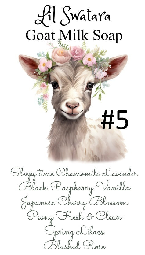 Lil Swatara Goat Milk Soap label for Set #5 Spring Garden, showing goat illustration and scents: Sleepytime Chamomile Lavender, Black Raspberry Vanilla, Japanese Cherry Blossom, Peony Fresh & Clean, Spring Lilacs, Blushed Rose.
