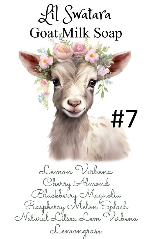 Lil Swatara Goat Milk Soap label for Set #7 Summer Brights, featuring goat illustration and scents: Lemon Verbena, Cherry Almond, Blackberry Magnolia, Raspberry Melon Splash, Natural Litsea Lemon Verbena, Lemongrass.