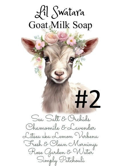 Lil Swatara Goat Milk Soap label featuring illustrated goat with floral crown and scent list including Sea Salt & Orchids, Chamomile & Lavender, Litsea, Fresh & Clean Mornings, Rose Garden & Water, and Simply Patchouli.
