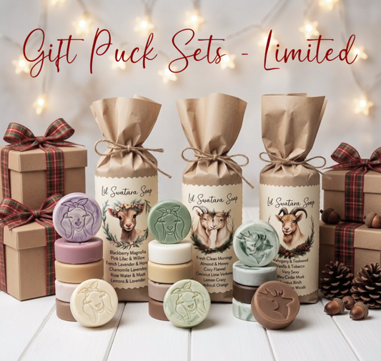 Limited edition goat milk soap gift puck sets featuring Women's Florals, Fresh Clean Unisex, and Men's Best scent collections from Lil Swatara Soap, gift-ready holiday stocking stuffer sets.