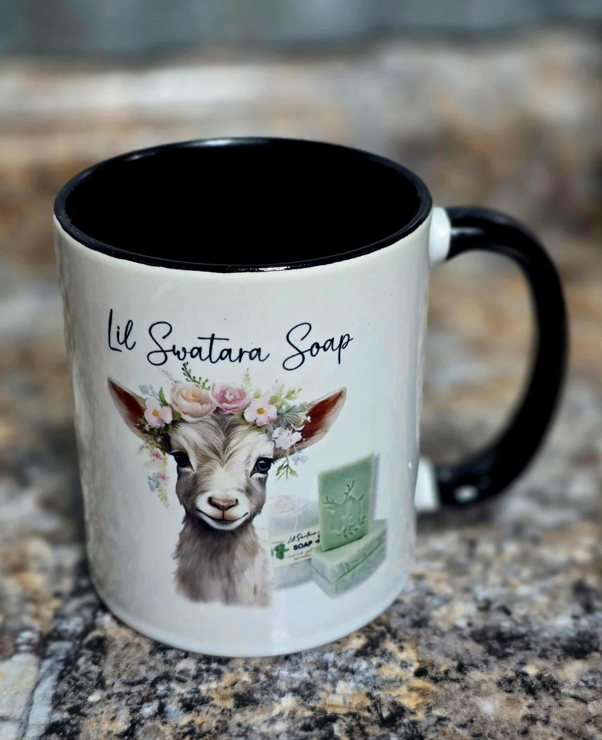 Lil Swatara goat mug gift set with lotion, soap puck, lip balm, and samples in a crinkle paper box.