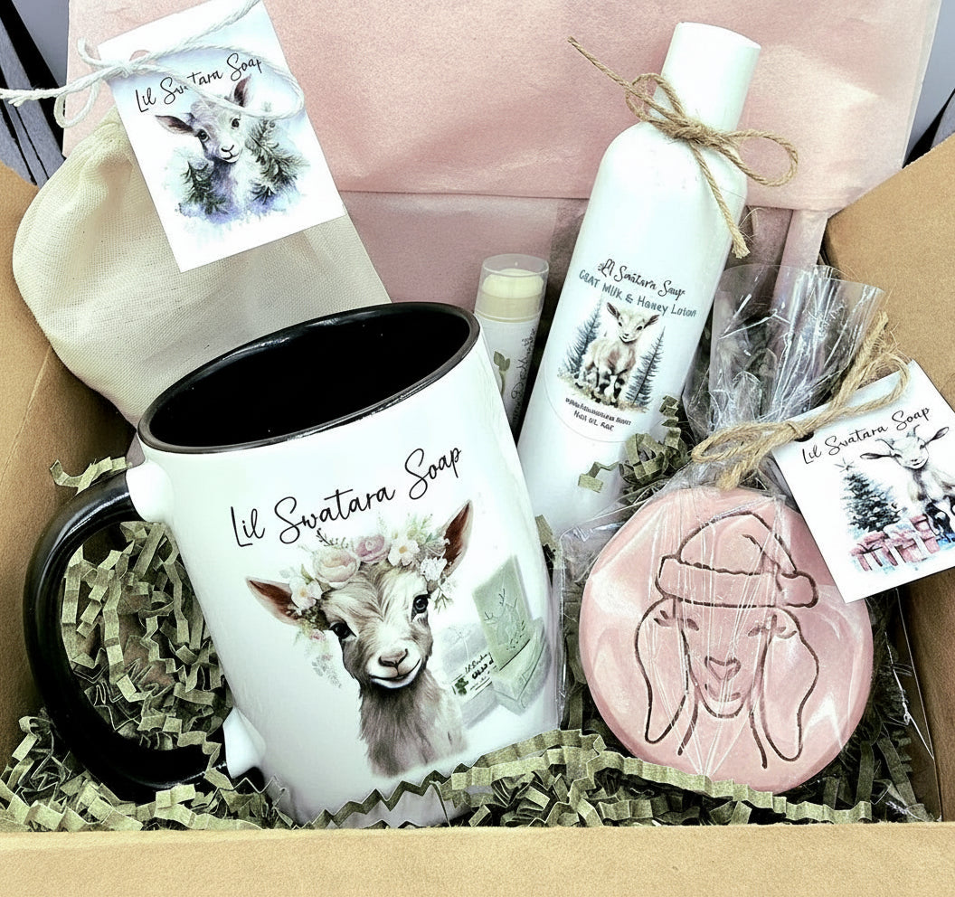 Lil Swatara goat mug gift set with lotion, soap puck, lip balm, and samples in a crinkle paper box.