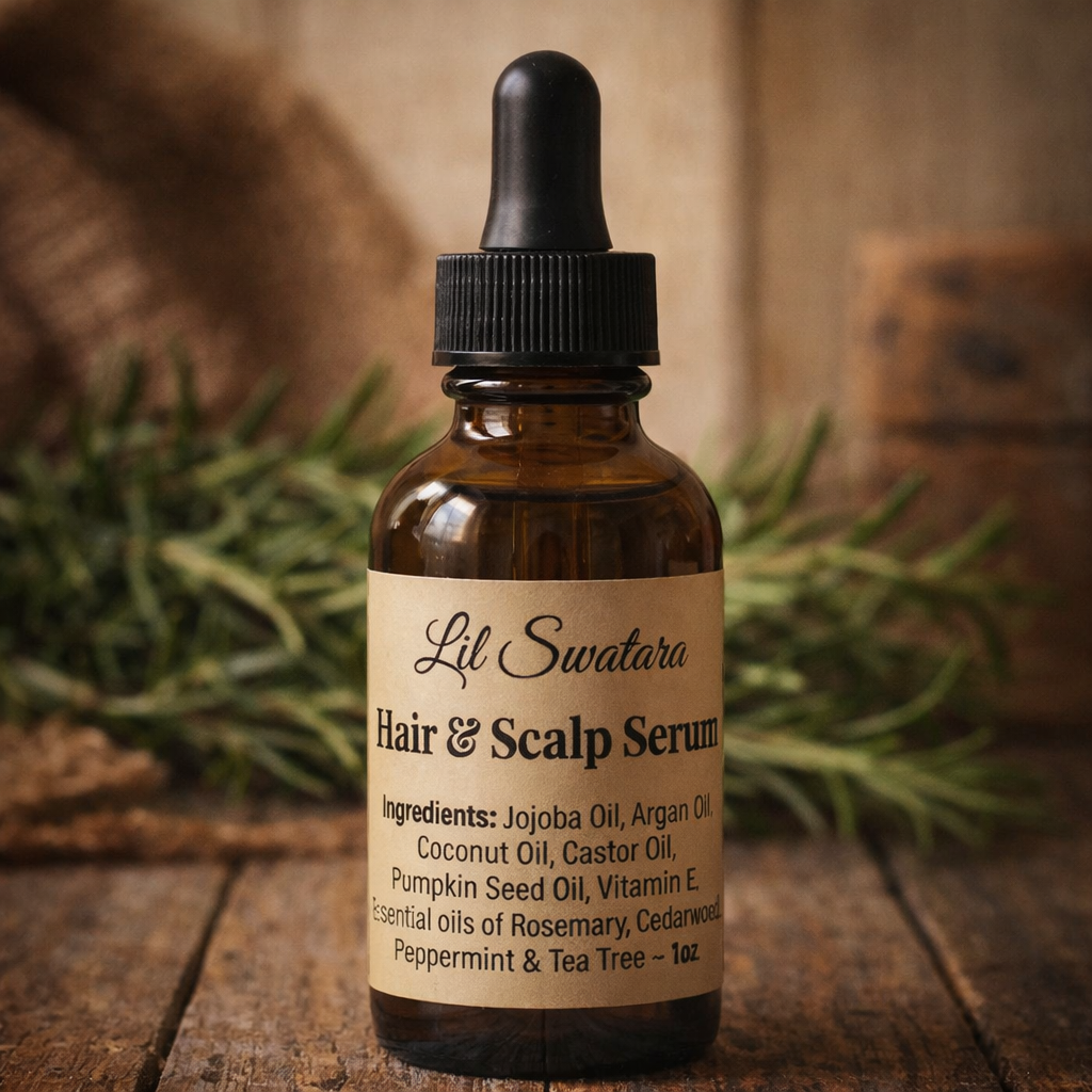 Natural hair and scalp serum in amber dropper bottle on rustic wood with rosemary, nourishing oil blend for healthy hair.