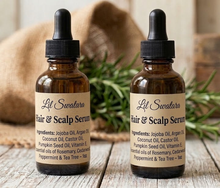 Natural hair serum duo on rustic wood with burlap and rosemary, nourishing oil blend for stronger, healthier hair.