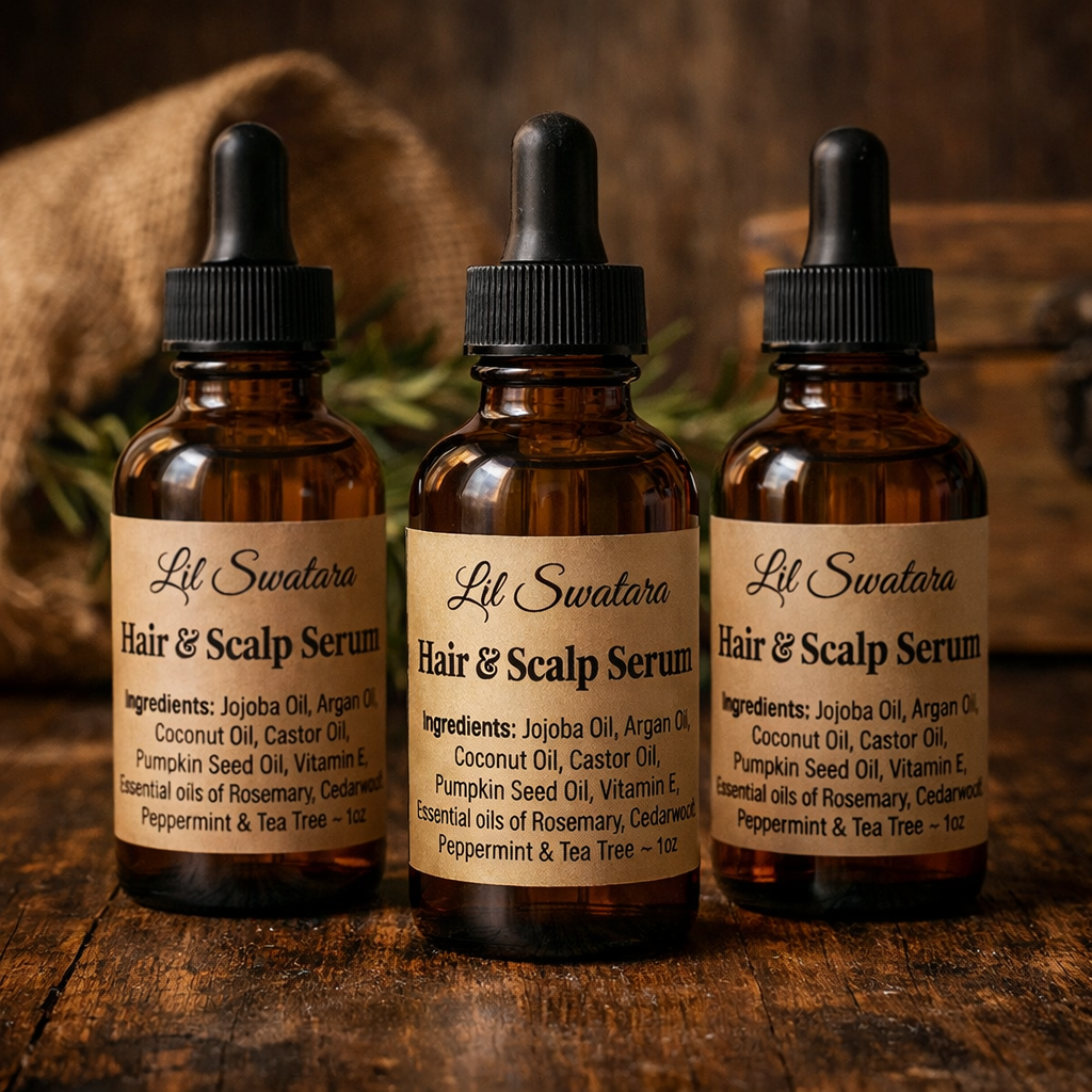 Three amber bottles of natural hair and scalp serum on dark wood under warm lighting, nutrient‑rich oil blend for healthy hair