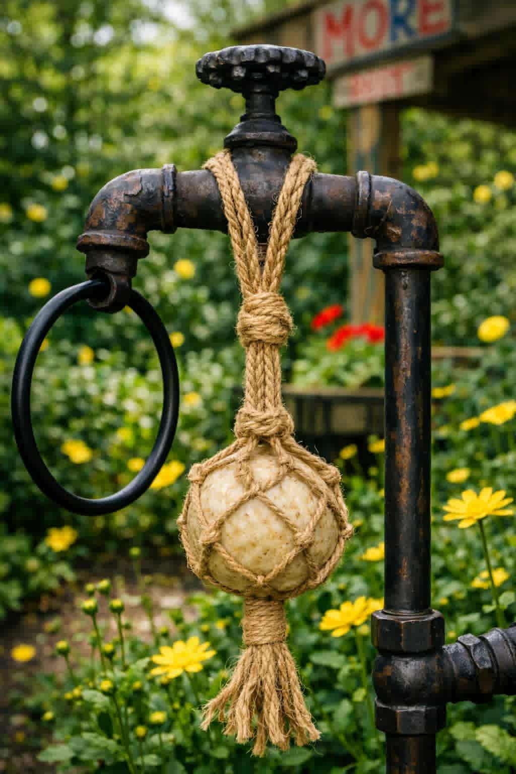 Close‑up of a rustic outdoor water spigot with a jute‑wrapped garden soap ball hanging above yellow flowers in a garden.