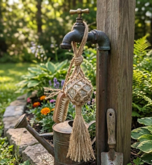 Garden spigot with hanging jute‑wrapped soap ball, nail brush, watering can, and garden tools in a rustic outdoor garden setting.