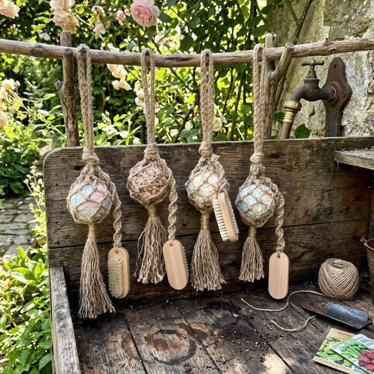Four handmade jute‑wrapped garden soap balls with tassels hanging from a branch above a rustic garden bench with tools and seed packets.