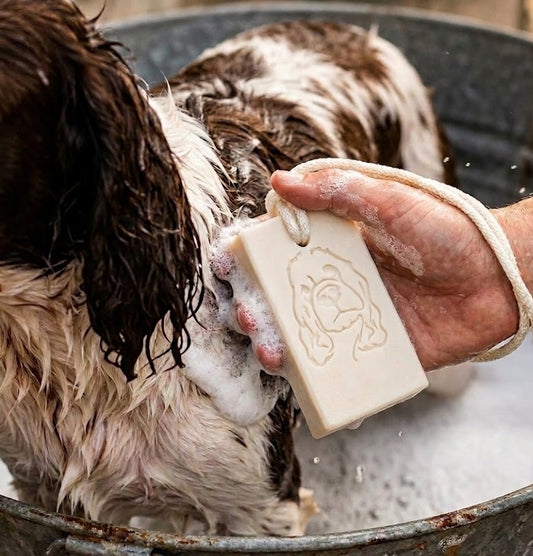 Handmade dog shampoo bar with rope handle and muslin bag, natural goat milk pet soap.