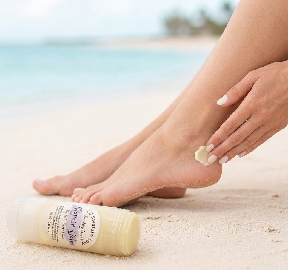 Person applying heel and elbow repair balm to dry itchy skin on heaes and elbows. 