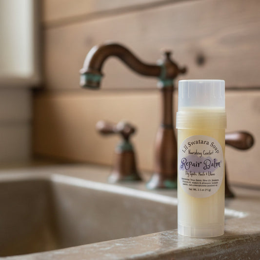 Repair balm bottle on a bathroom counter with a blurred sink and faucet in the background