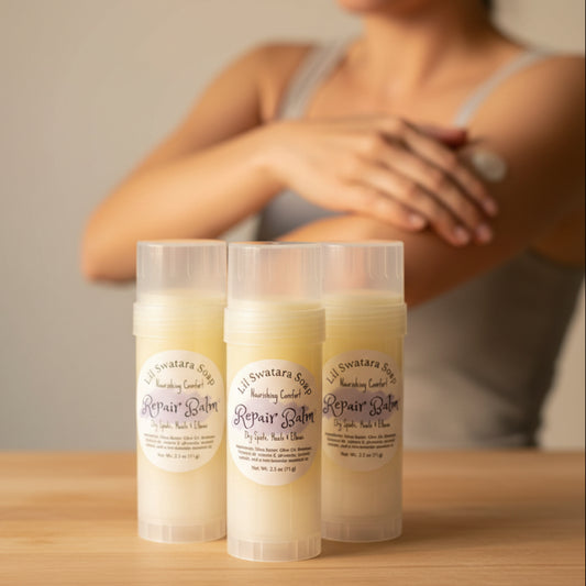 Three containers of Lil Swatara Soap Repair Balm on a white background
