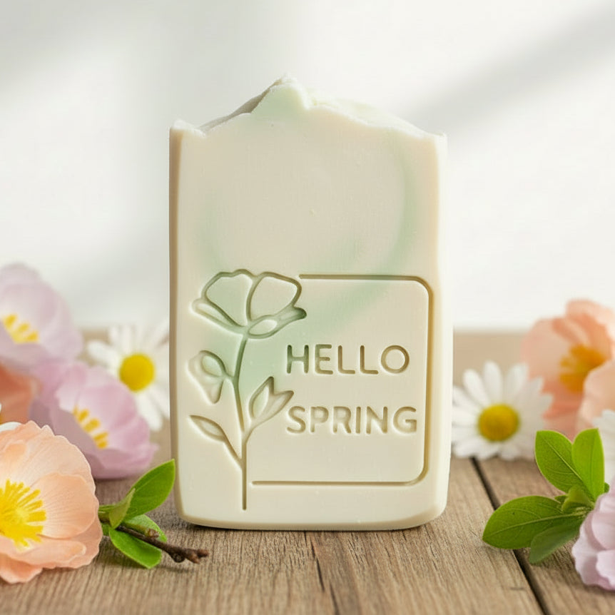 Handmade soap bar stamped with Hello Spring floral poppy-style design, showing crisp 57×57 mm XL impression from 3D printed soap stamp.