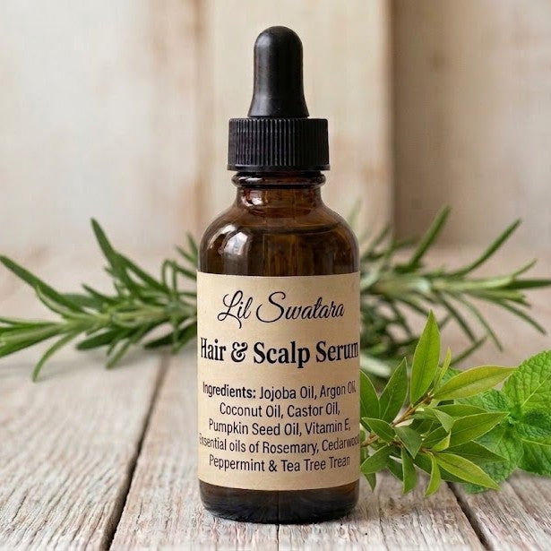 Herbal hair and scalp serum bottle surrounded by fresh green botanicals, natural oil blend for nourishing and healthy hair.