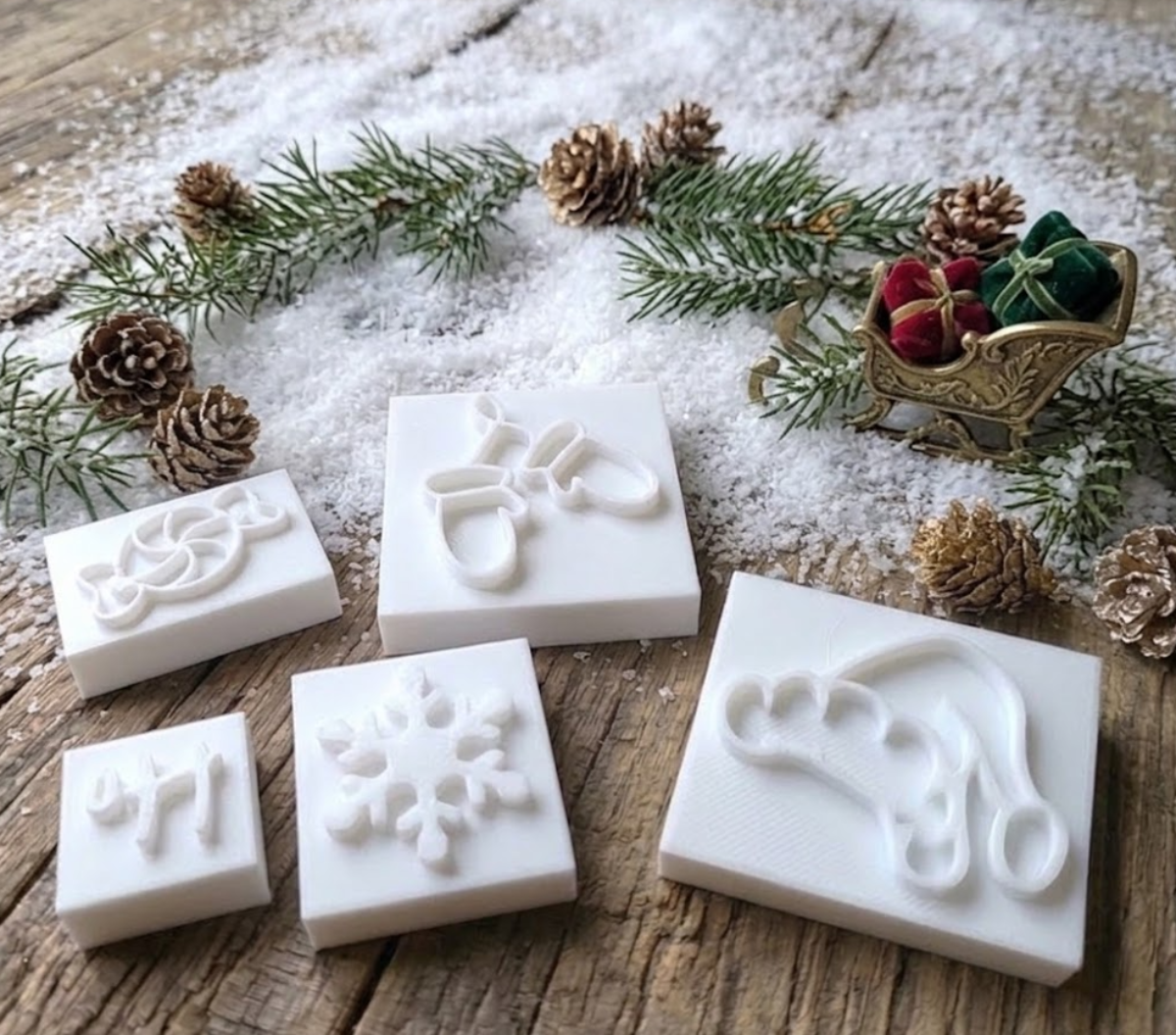 Holiday and winter soap stamp accessories set with peppermint candy, Santa hat, mittens, snowflake and Ho Ho Ho soap stamp designs for Christmas soap making