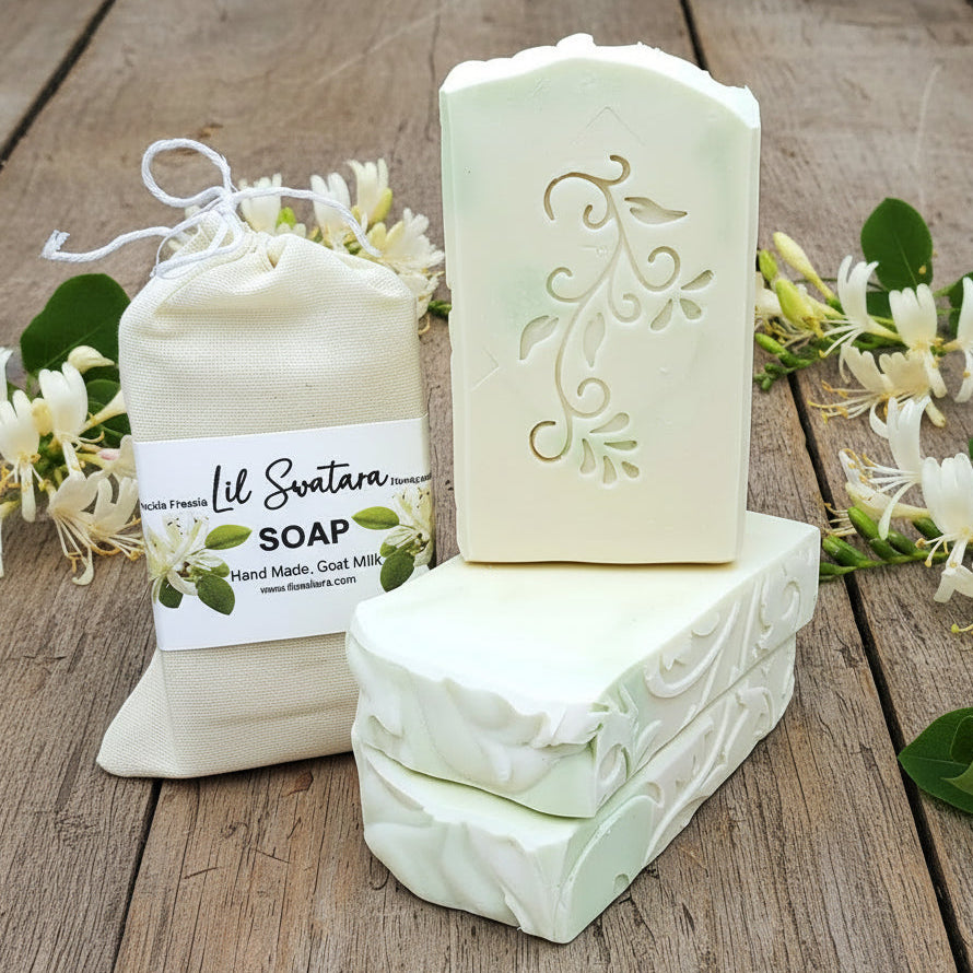 Honeysuckle Freesia goat milk soap bar with a soft, clean spring floral scent and creamy lather.