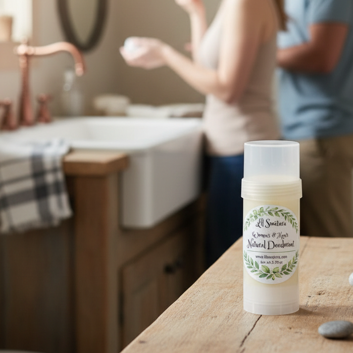 Three bottles of natural deodorant on a wooden surface with a person in the background.