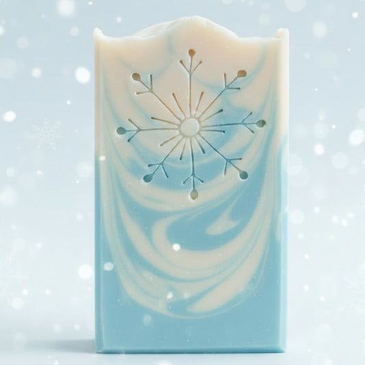 soap stamp of snowflake on pretty soap in winter theme for winter and christmas