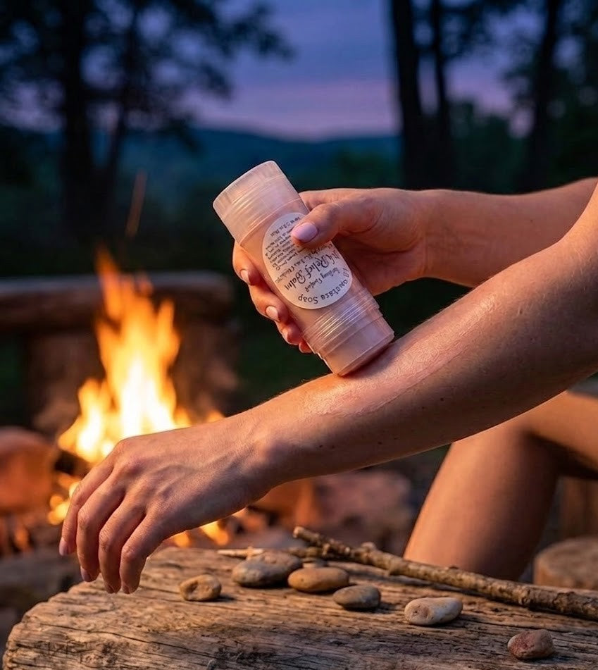 Woman  camping applying itch relief balm to her forearm outdoors, with Lil Swatara Soap Itch Relief Balm sticks on a wooden table surrounded by wildflowers.