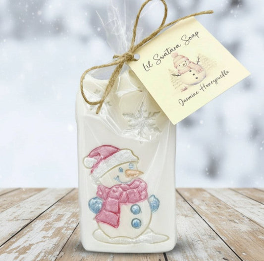 Snowman soap stamp with festive winter design, embossed snowman wearing hat and scarf, 3D printed polymer, 61x51mm impression for handmade Christmas soaps.