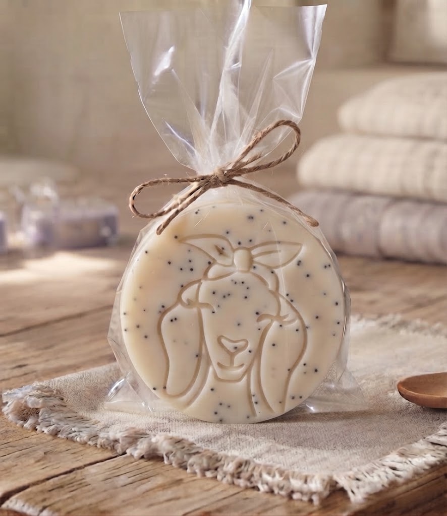 Exfoliating goat milk soap puck wrapped in clear packaging with twine, handmade on a Pennsylvania homestead.